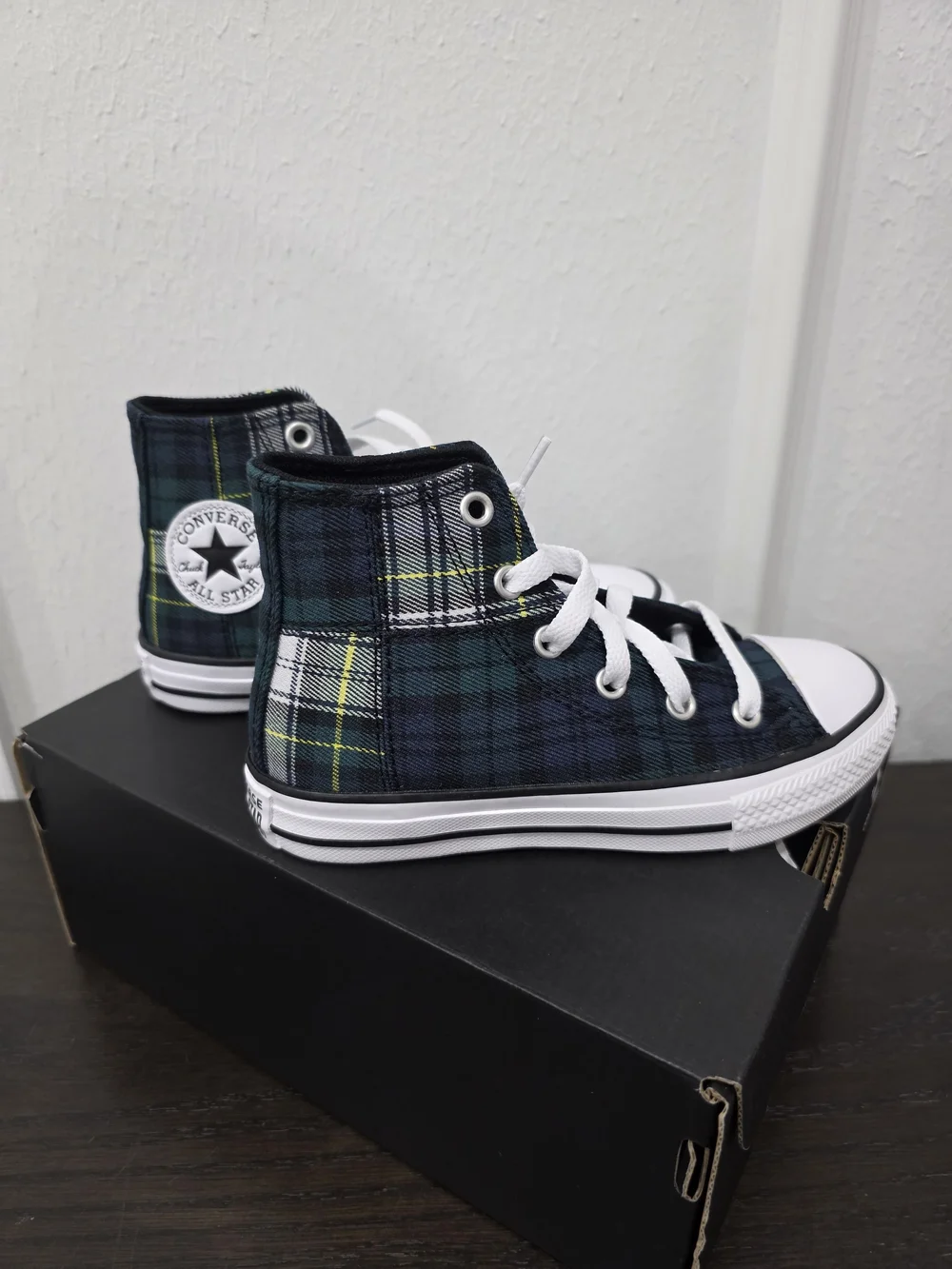Converse All Star Navy Green Plaid High Top Sneakers